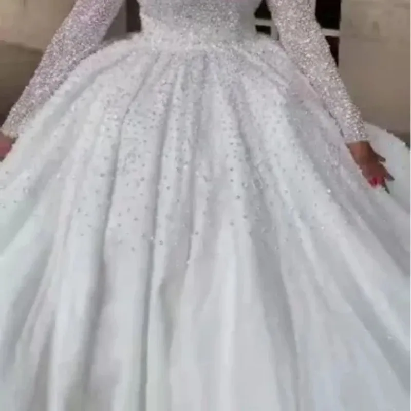 Customized Size Heavy Industry Wedding Dress Stand Collar Long Sleeve Pompadour Princess Dress Sequin Tail Main Wedding Dress