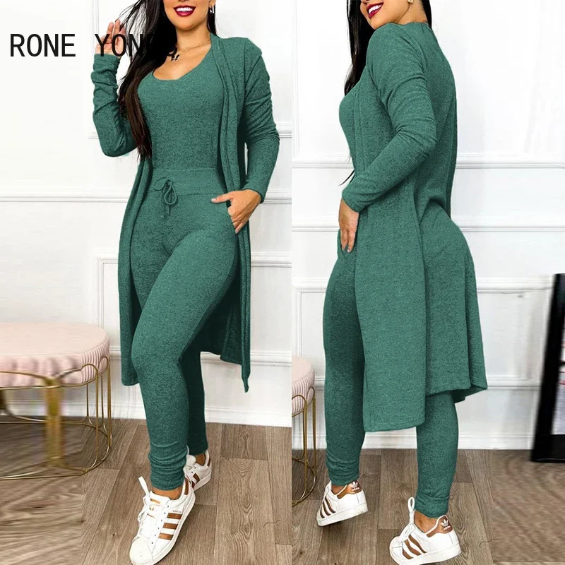 

Women Drawstring Pocket Design Jumpsuit & Coat Set