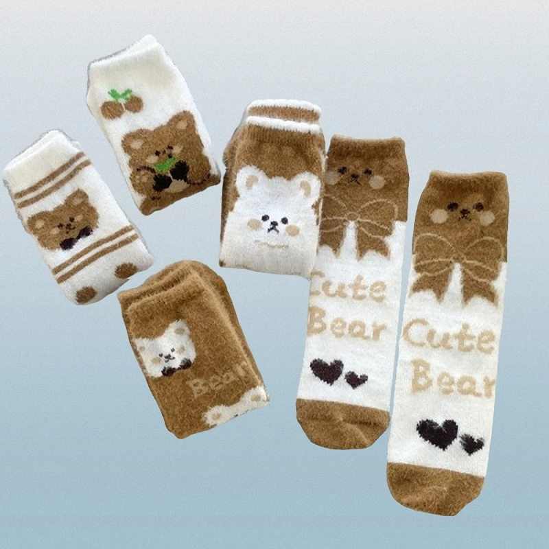 

2024 New Fashion 5/10 Pairs Cartoon Breathable Socks Mink Velvet Mid-tube Socks Furry Coffee-colored Coral Velvet Socks