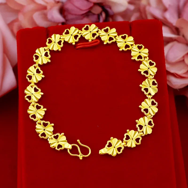 

9999 Real Gold 24K Korean Edition Fashion Girl Bracelet Pure Gold Clover Heart Fancy Bracelet Jewelry