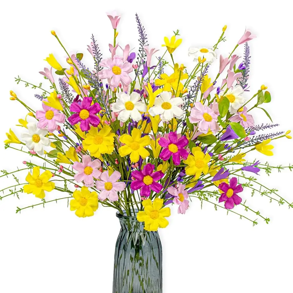 

Искусственные весенние цветы FLORU, 18 штук, 17-дюймовые цветочные стебли с разноцветными маргаритками и форзицией для декора