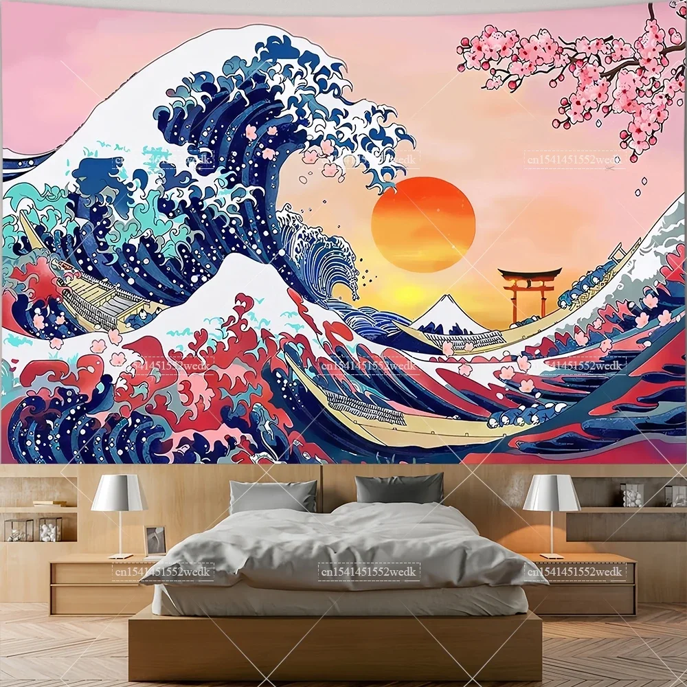 Ukiyoe Samurai Cat Tapestry Japanese Off Kanagawa Great Wave Tapestrys Aesthetic Room Decoration Cherry Blossom Wall Art Posters