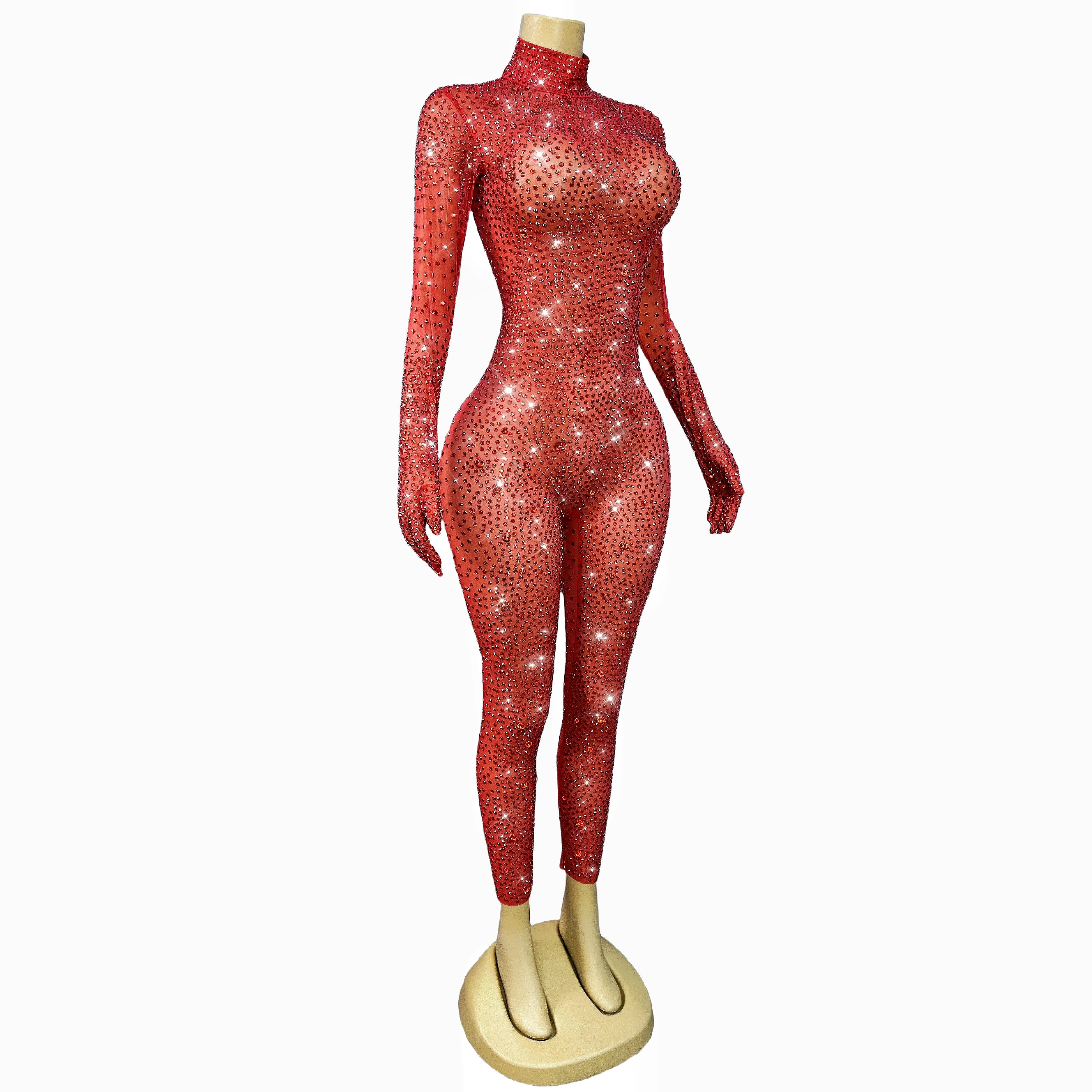 Luxurious Bingbling Handmade Rhinestones Mesh Jumpsuit Singer Dancer Performance Club Birthday Party Show Photoshoot Costume