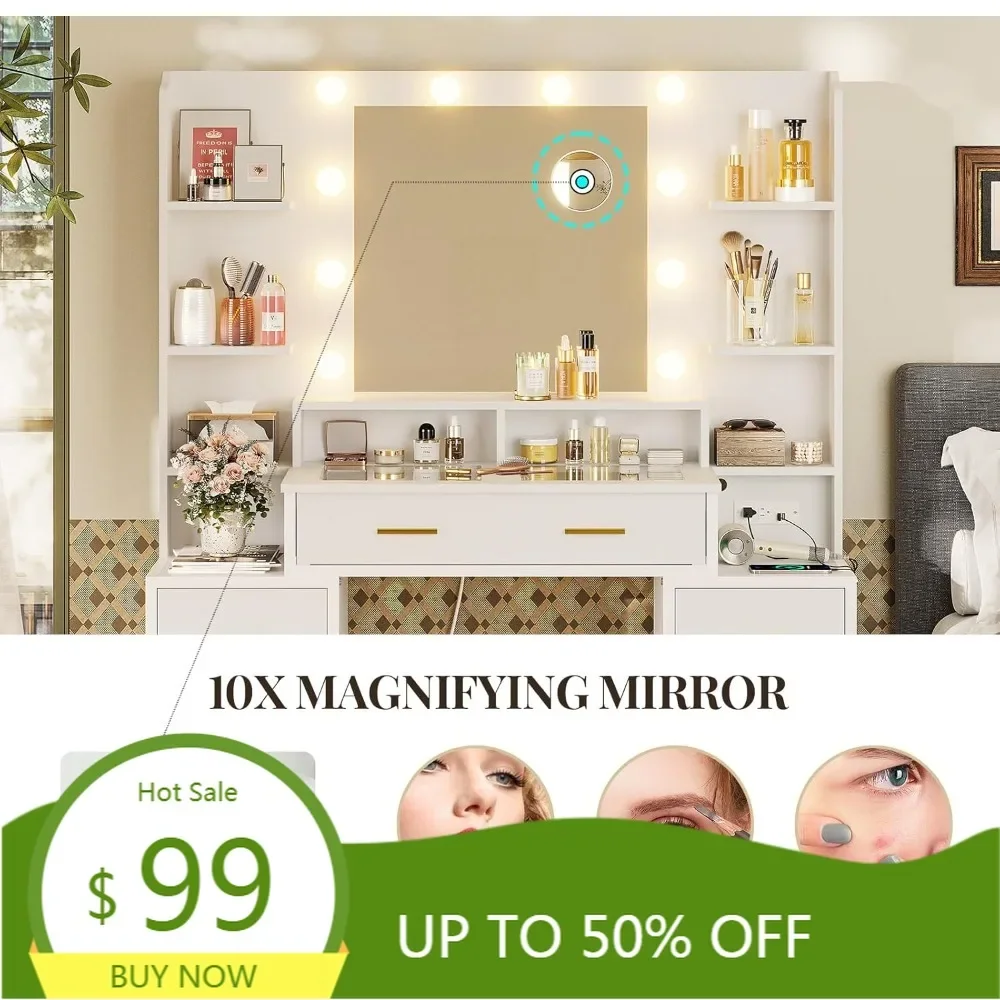 

туалетный столик для макияжа с подсветкой и зеркалом, 10-кратным увеличением и розетками, с 8 ящиками для хранения и 6 полками.