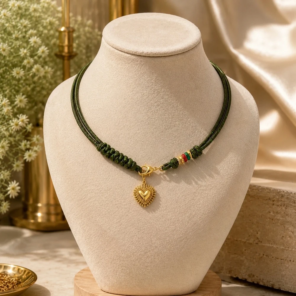 1pc Bohemian Green Braided Cord Choker Necklace with Gold Color Heart Pendant Lobster Clasp for Women Party 18.9 Inch