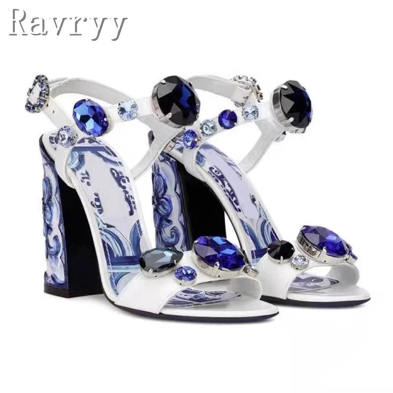 

Brand New Royal Blue Rhinestone Sandals Women Crystal Buckle High Heel Banquet Shoes Luxury Gemstone Party Runway Shoes