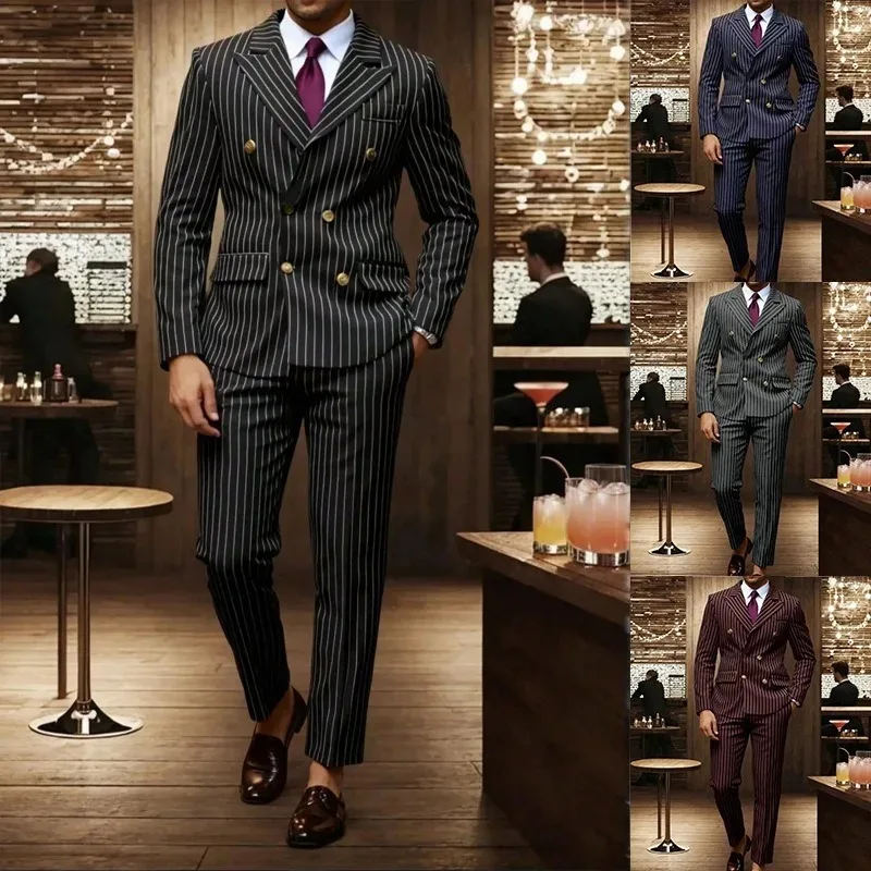 

European American Style Men Formal Business Suit 2PCS Jacket Pants Set Shawl Lapel Tailored Stripe Solid Suit for Wedding Party