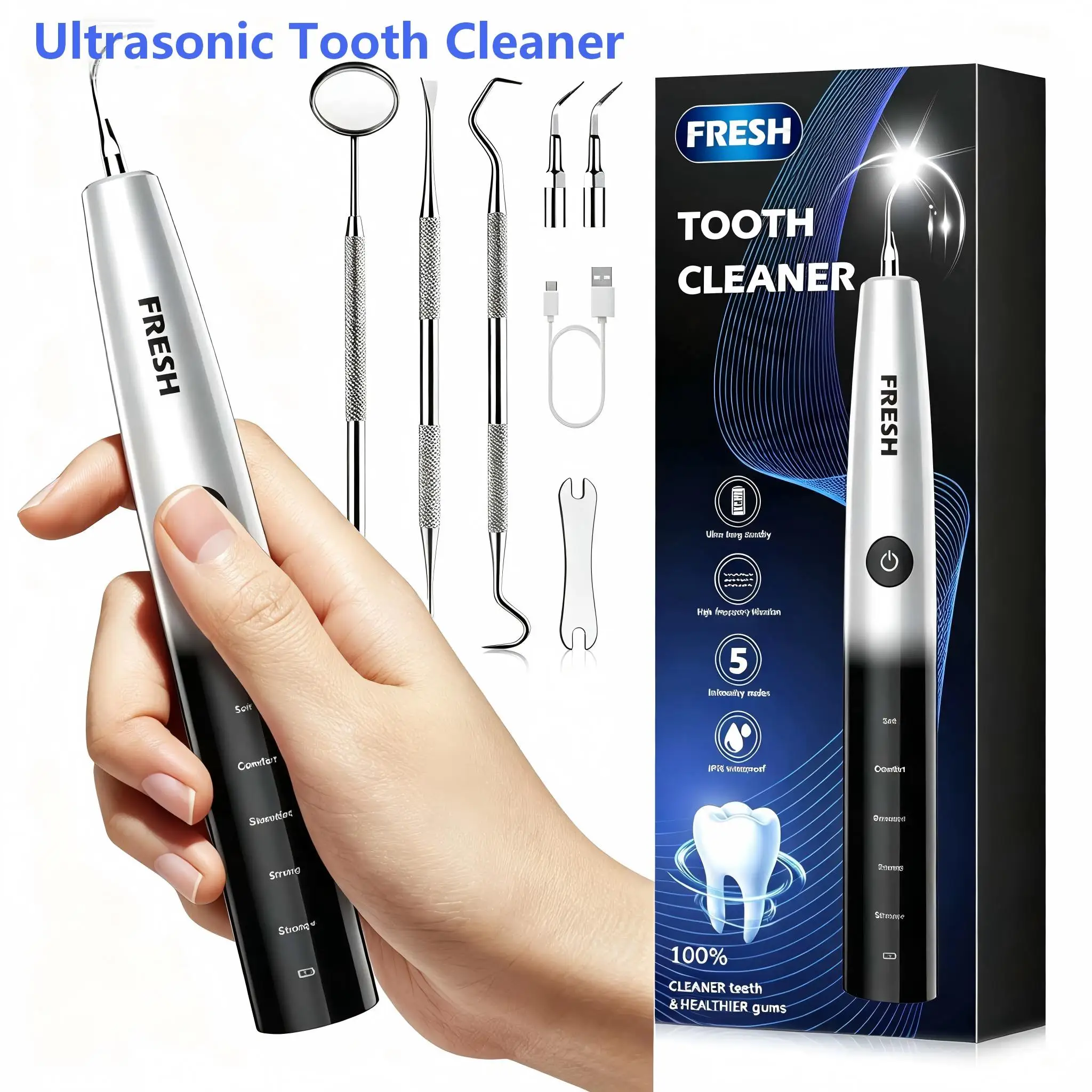 Intelligent Ultrasonic Dental Scaler Tooth Plaque Remover ,5 Modes Rechargeable Teeth Cleaning Tool,Stone Calculus Plaque Remove