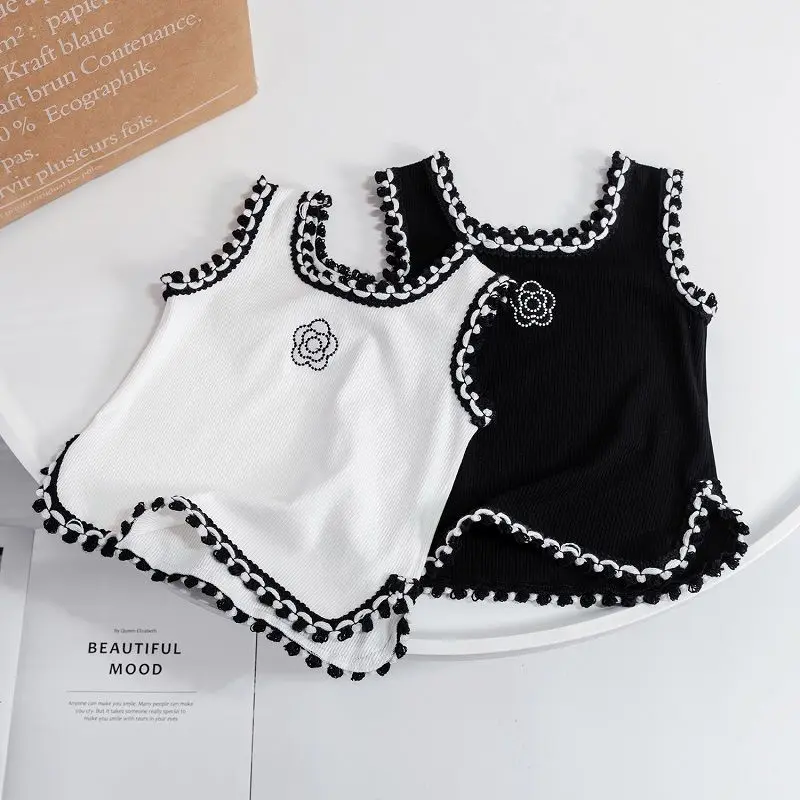 2022 Summer Girls Fashion Embroidery Vest Baby Kids Children Sleeveless Shirt Two Colors