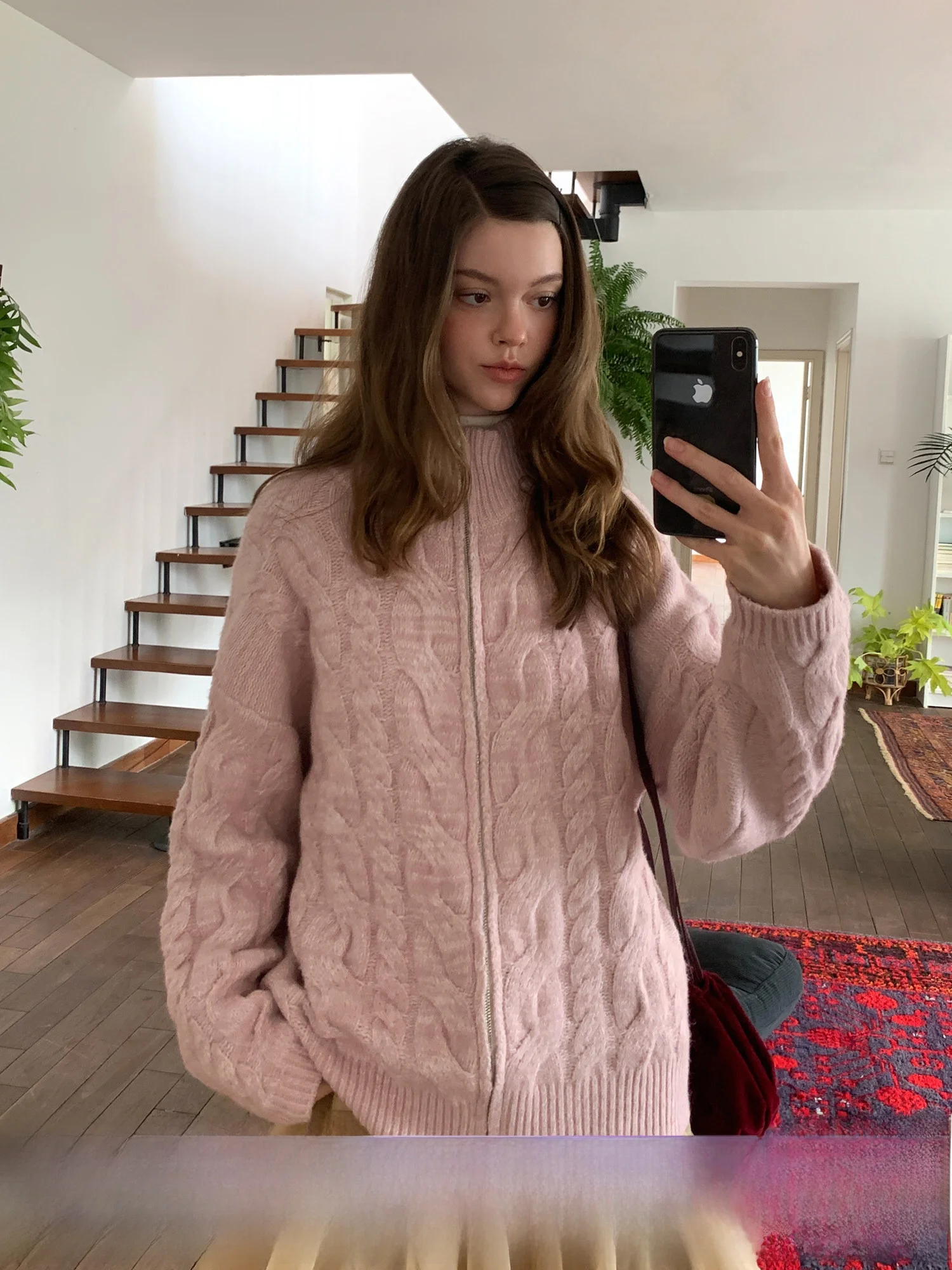 

Loose Casual High Collar Twisted Knit Cardigan Outerwear EGGKA Polyester Fiber Soft Warm Long Sleeve Zipper Closure Women's Coat