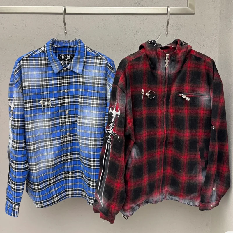 

Thug Club красная клетчатая куртка с градиентом, крутой логотип с принтом на заказ, пуговицы, высокое качество, оригинальное стандартное пальто THUG CLUB, верх