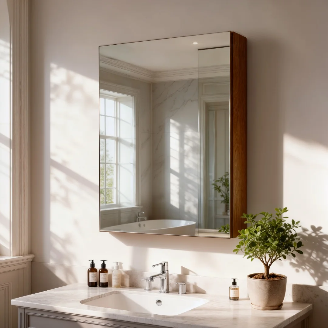 Wood Grain Aluminum Bathroom Mirror Cabinet Motion Sensor Light Medicine Cabinet Adjustable Shelves Soft Close Hinges