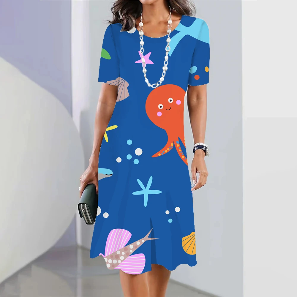 Elegant Summer Cartoon Print Dresses For Women Crew Neck Short Sleeve Tshirt Dress Casual Loose Sundress Fashion Dress Oversized