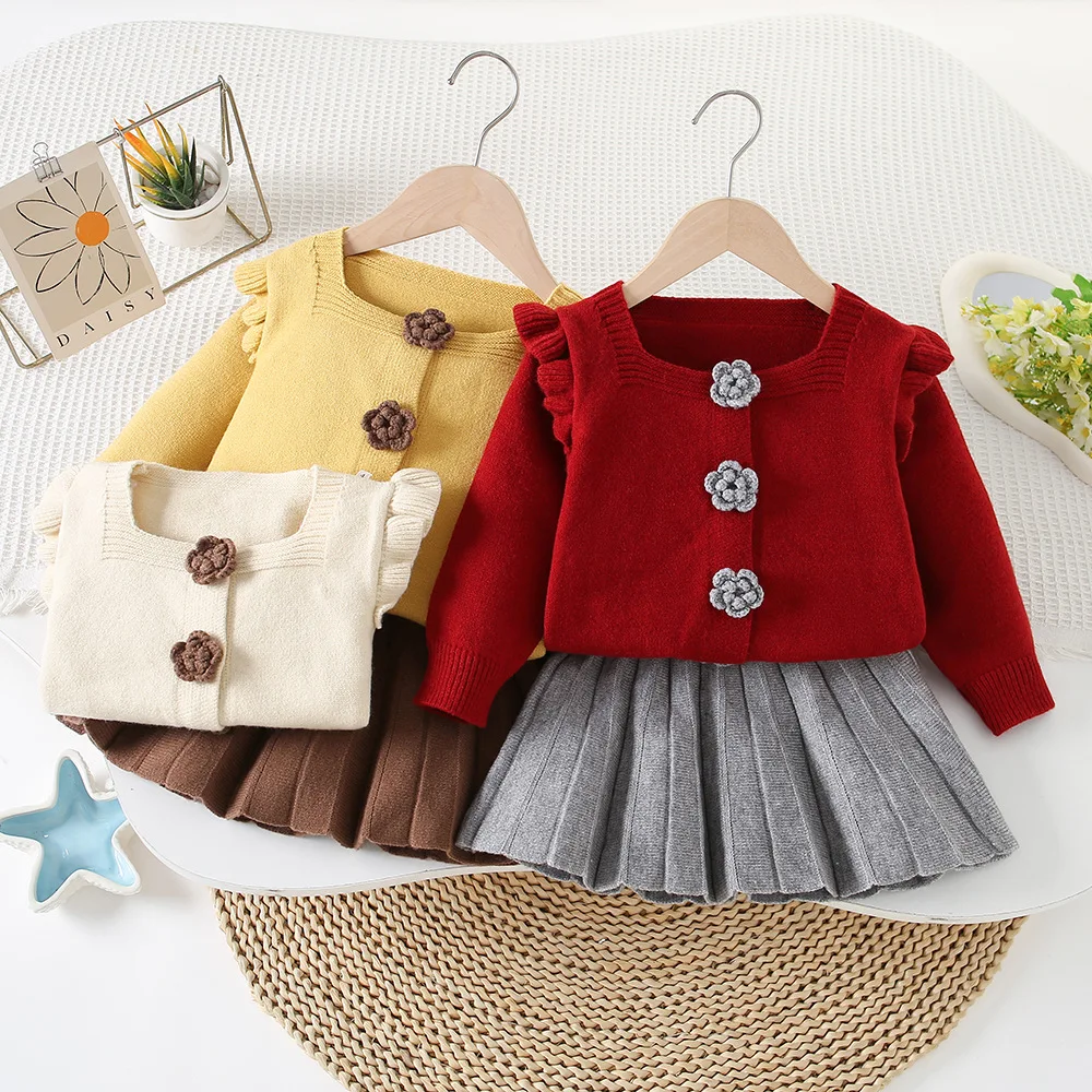 Girls Dress Clothes Sets Spring Autumn Children Woolen Jersey Sweaters Coats Skirts Princess Dress Suit Kids Knitted Outfits 6Y