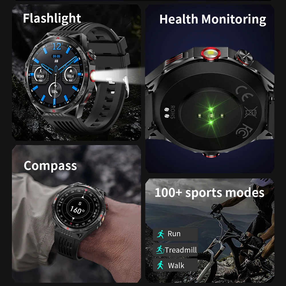 For Huawei Outdoor Smartwatch Men 450mAh Battery Compass GPS Fitness Tracker Waterproof Bluetooth Call LED Lighting Smart Watch