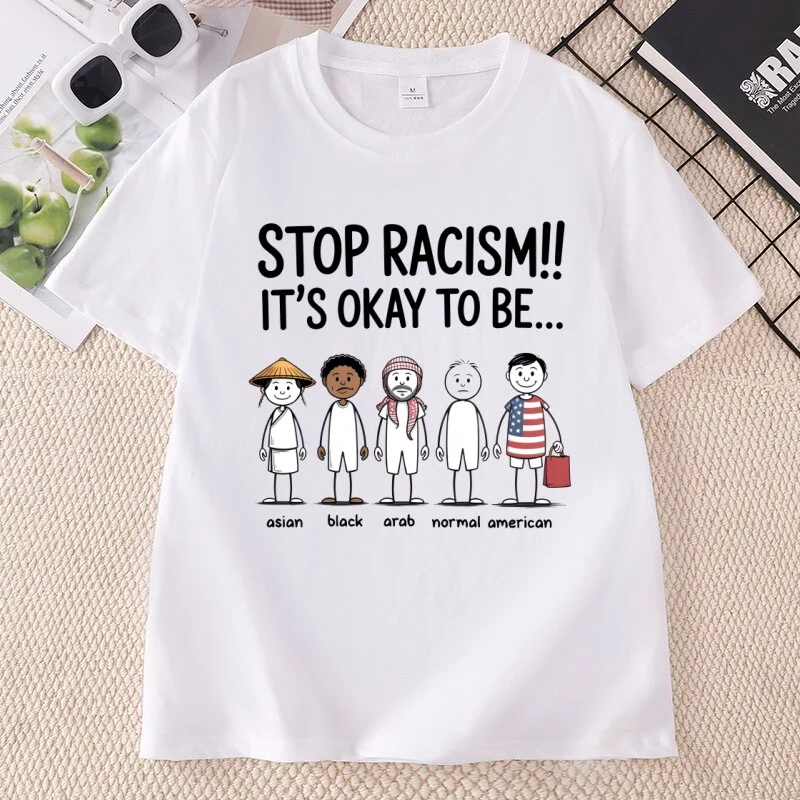 STOP RACISM Printed Tshirt Casual Round Neck Printed Cotton Short Sleeve T-shirts Unisex Round Neck High Quality Tees Clothing