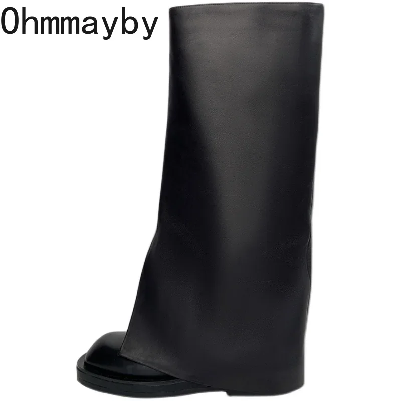 Autumn Winter Women Trouser Legs High Boots Fashion Slip On Round Toe Shoes Low Heel Ladies Knight Long Booties