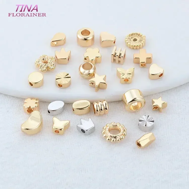 20PCS 14K Gold Color Plated Brass Round Square Cross Flowers Beads Spacer Beads Jewelry Making Supplies Diy Necklaces Findings