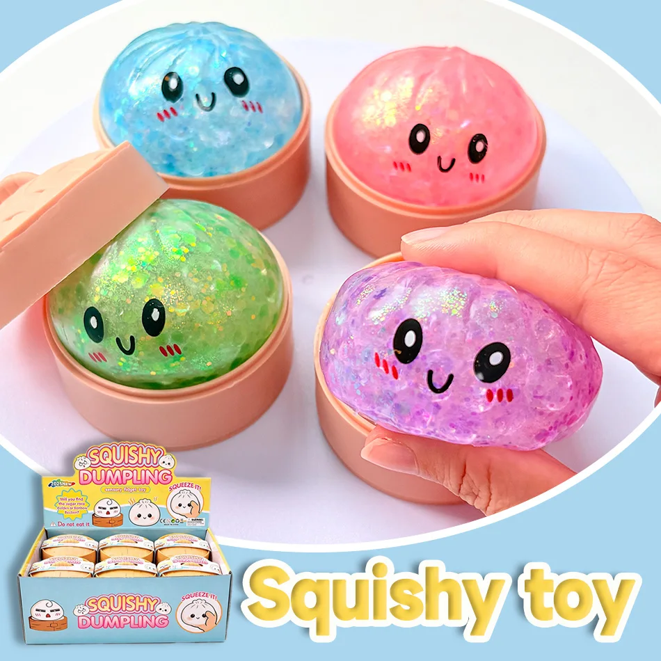 Blind Box Dumpling Squishy Squeeze Toy,Shimmer Crystal Colorful Simulation Steamed Bun, Trending Funny Prank Stress Relief Ball