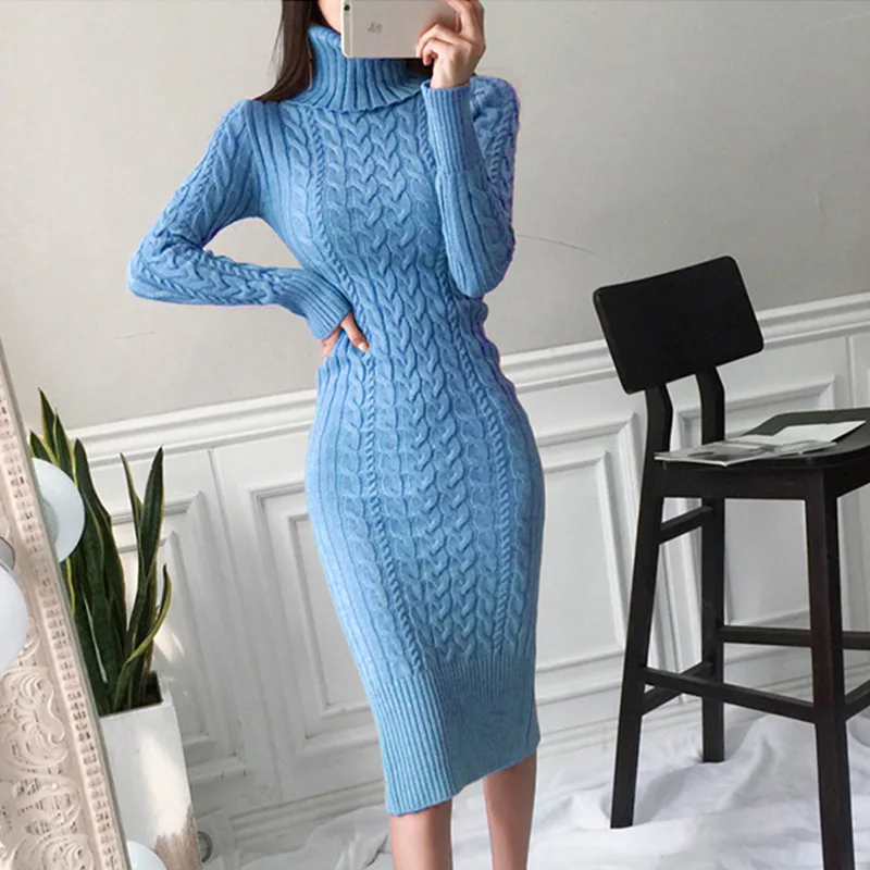 Winter Thicken Turtleneck Sweater Dresses Women Bodycon Knitted Solid Color Long Dress Female Slim Fitted Wrap Over Knee Dress