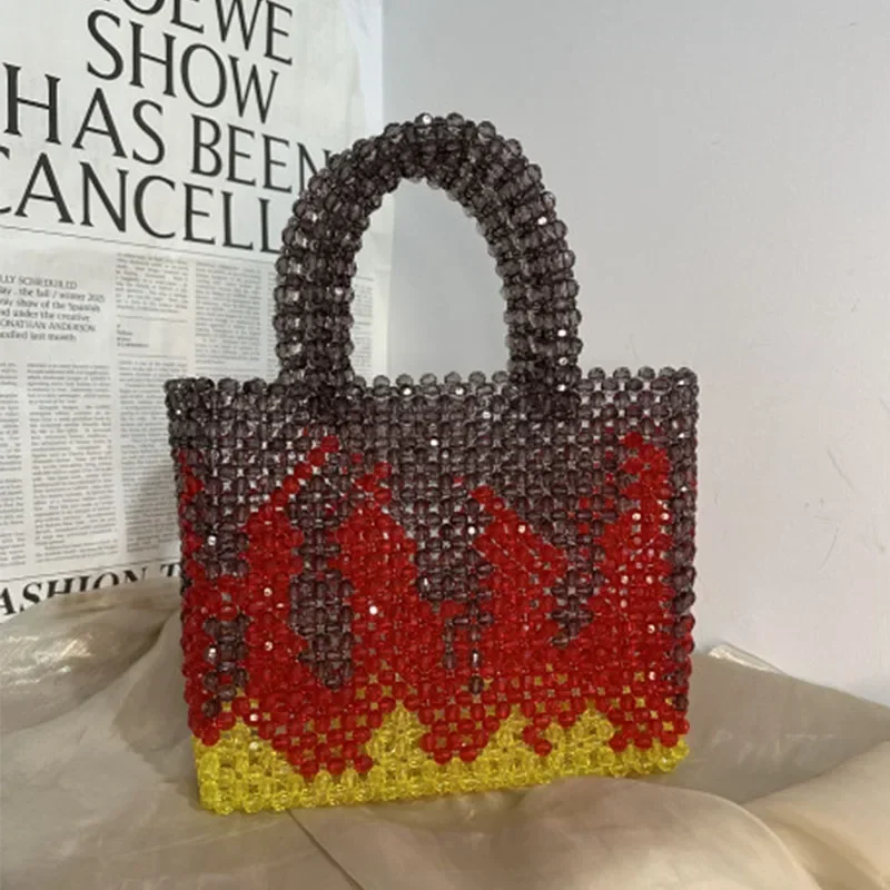 Women's Fashion Retro Y2K Handbag Black Crystal Bag Sac A Main Handwoven Beaded High Capacity Shopping Bags 2024 сумка из бусин