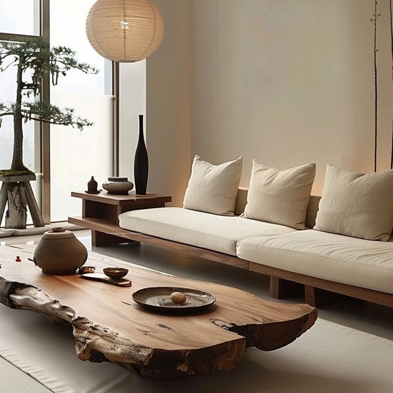 Medieval Style Hotel Flat Floor Villa Wabi Sandy Wind Negotiation Reception Solid Wood Sofa