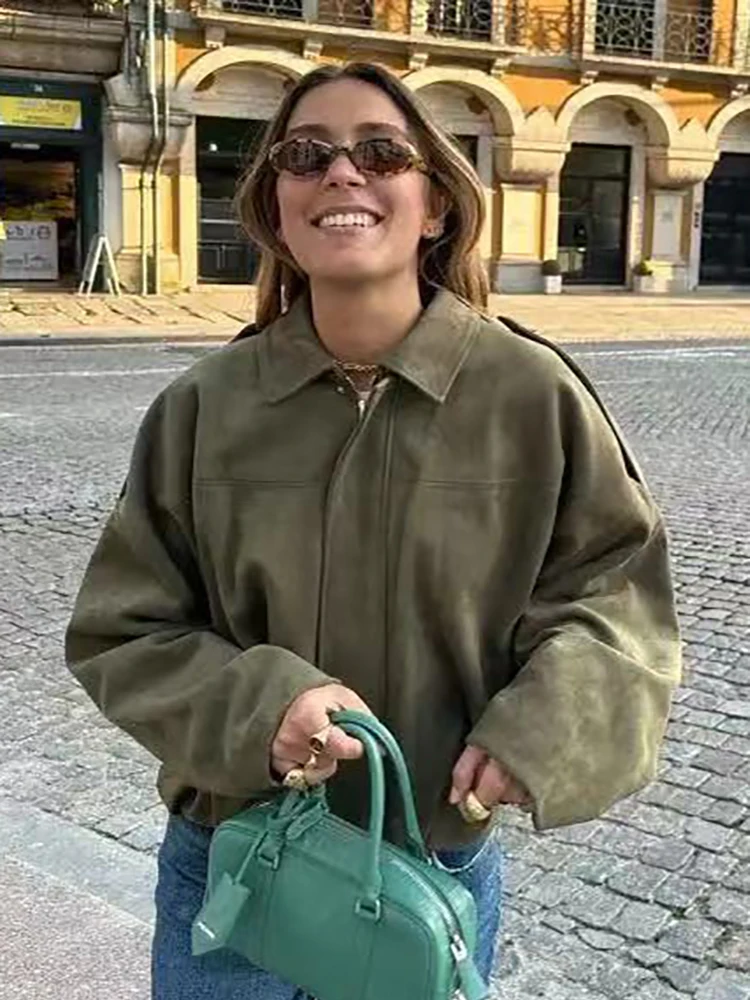 Giubbotti bomber oversize verdi da donna vintage 2025 Giacca da donna alla moda elegante e morbida per abiti chic femminili da festa