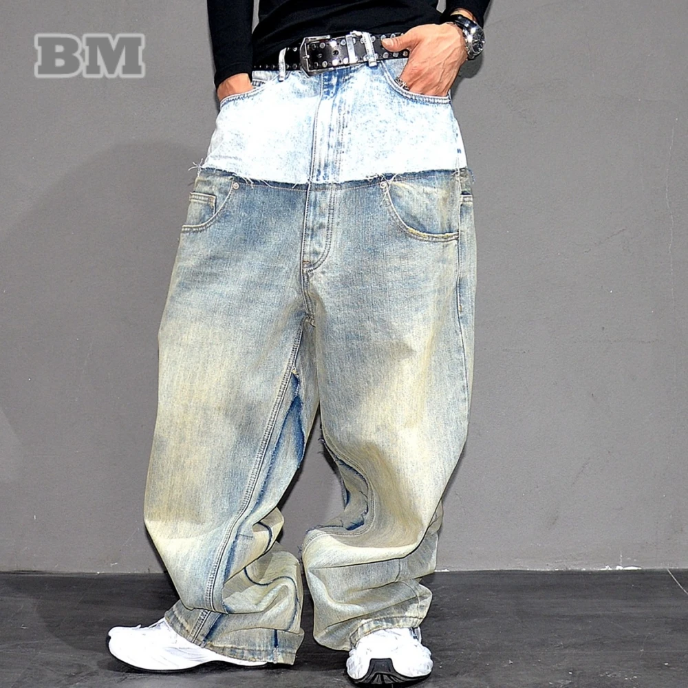 

Korean Hip Hop Patchwork Fake Two Piece Baggy Jeans Men Distressed Hem Streetwear Loose Fit Low Rise Denim Pants Harem Trousers