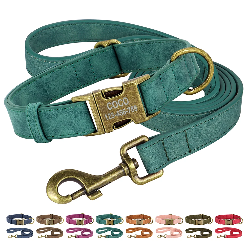 

Personalized Dog Collar and Leash Set PU Leather Dog Collars With Lead Rope Custom Engraved ID Buckle For Small Large Dogs