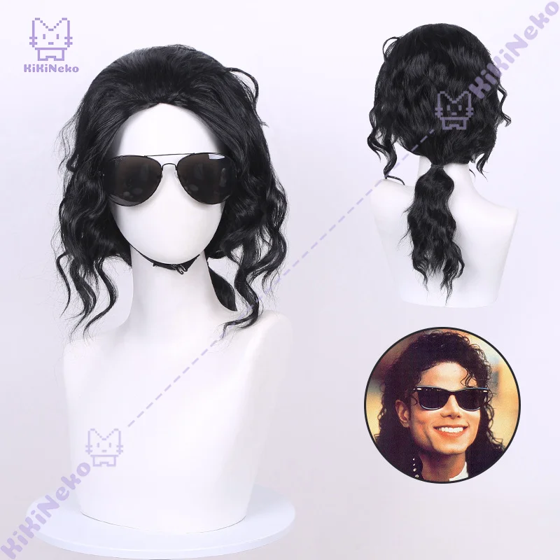 Michael Jackson Cosplay Wig Medium Long Black Hair For Halloween Party Performance Impersonation Adult Men Women