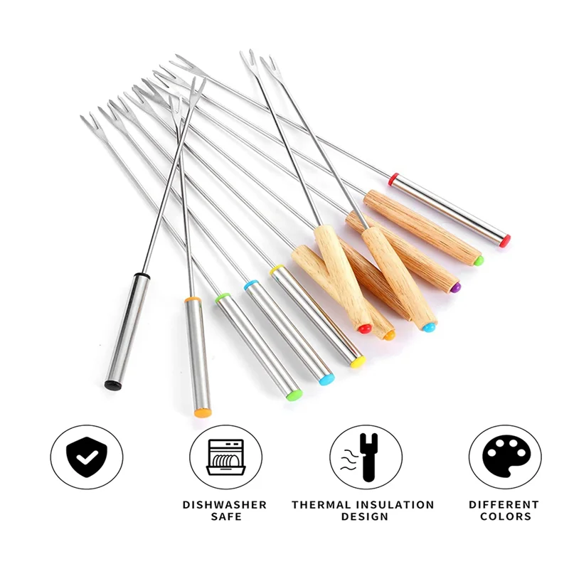 2025年トレンド24パックステンレスフォンデュフォーク、木製ハンドル12本とステンレスハンドル12本、耐熱スモアスティック