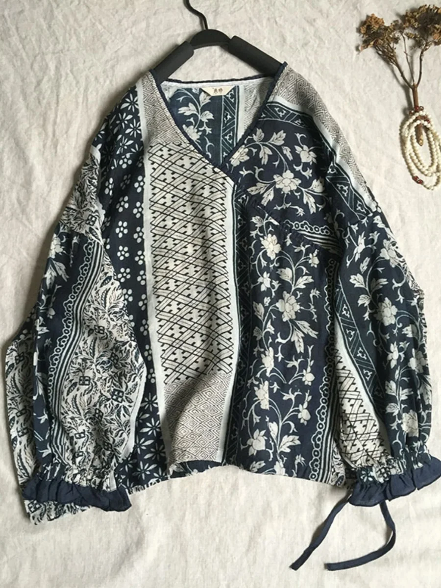 

Retro Spliced Color Digital Print Long Sve V-Ne Casual irt Women's plus Size Faion Top Comfortable Cotton Blend