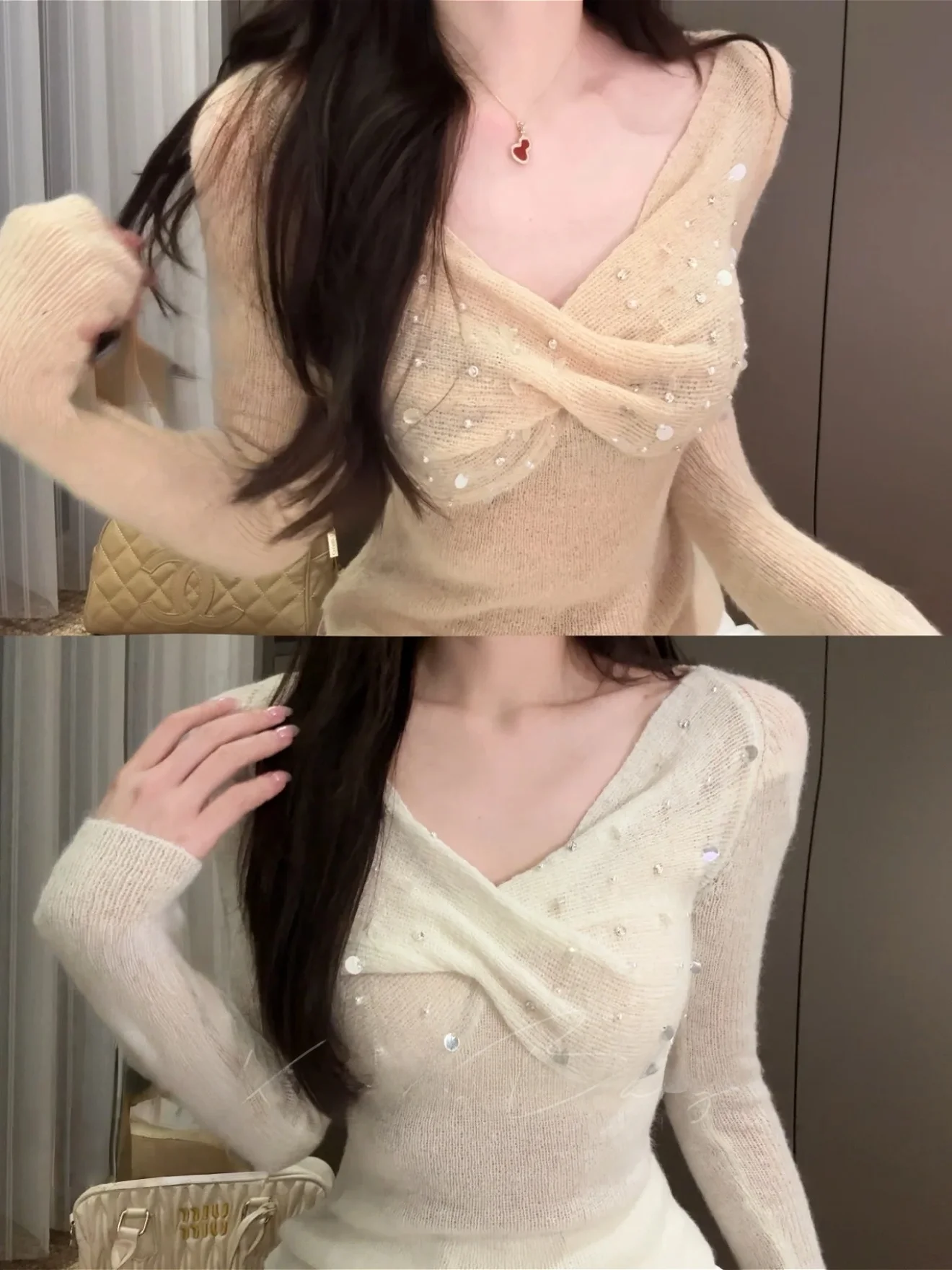 

Soft Gentle Shiny Sequins Women's Knitted Top Slimming Design Long Sleeve Comfortable Softwear Spring Fashion for Teen Girls