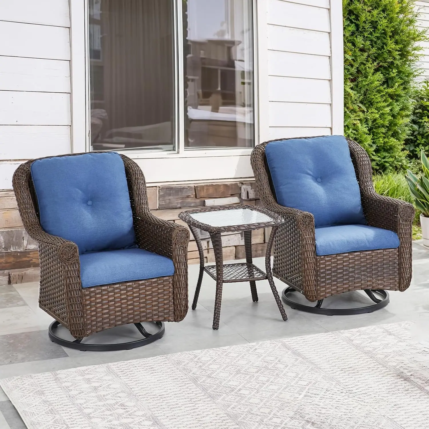 Set 3PCS Conversation Set 2 Swivel Glider Chairs with Rattan Patio Side Table Brown Wicker Blue Cushions Chrysanthemum