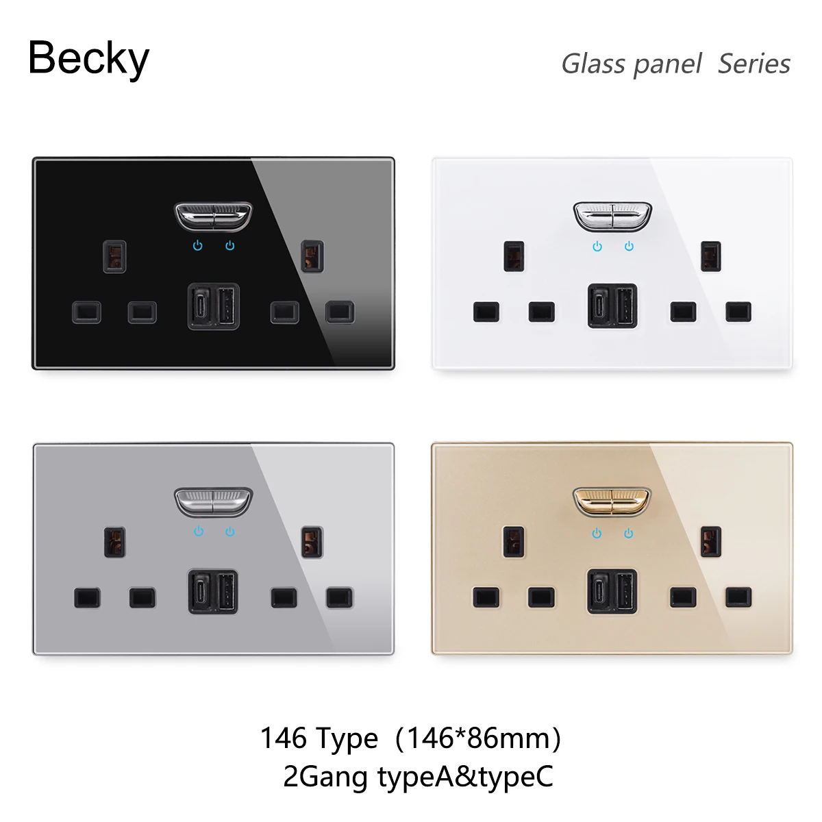 146 Type 13A Reset Toggle Tempered Glass USB&TypeC British Standard British International Socket Panel Double Three Hole Socket