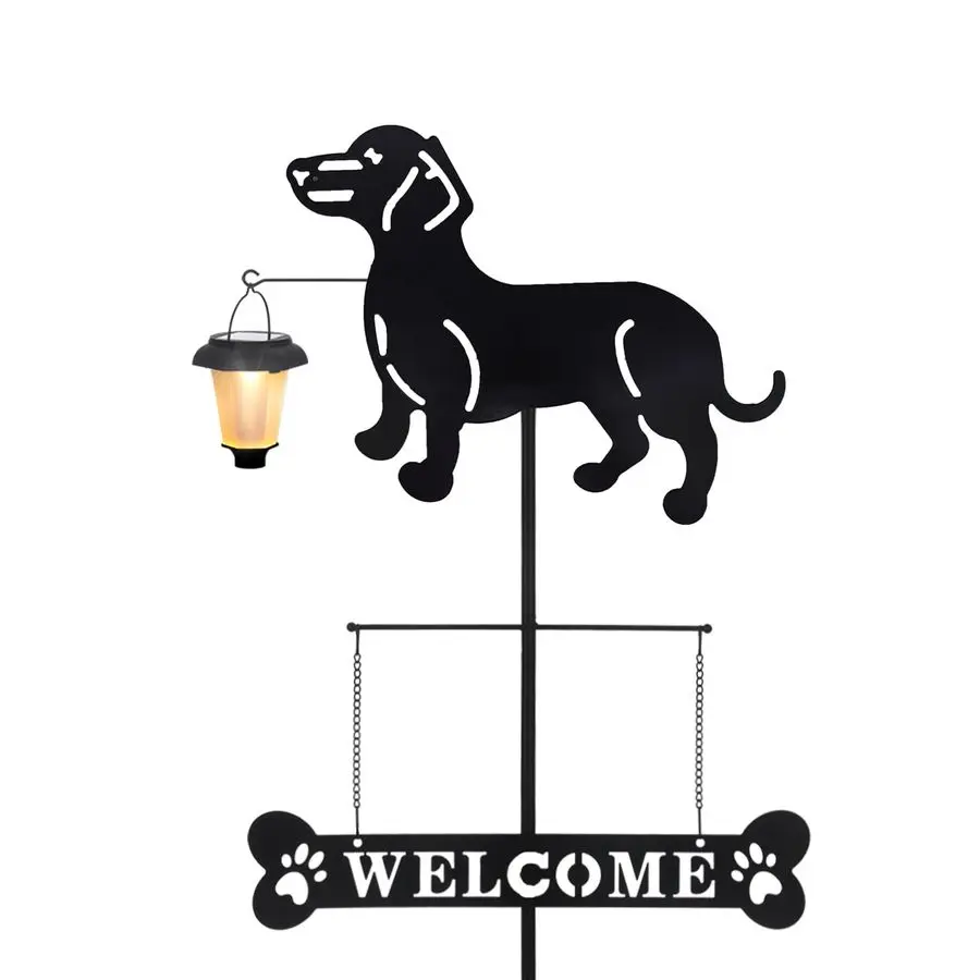 

Solar Dachshund Silhouette Dog Breed Welcome Sign with a Lantern Outdoor Decorative Garden Stakes for Yard, Lawn, Patio, Pathway
