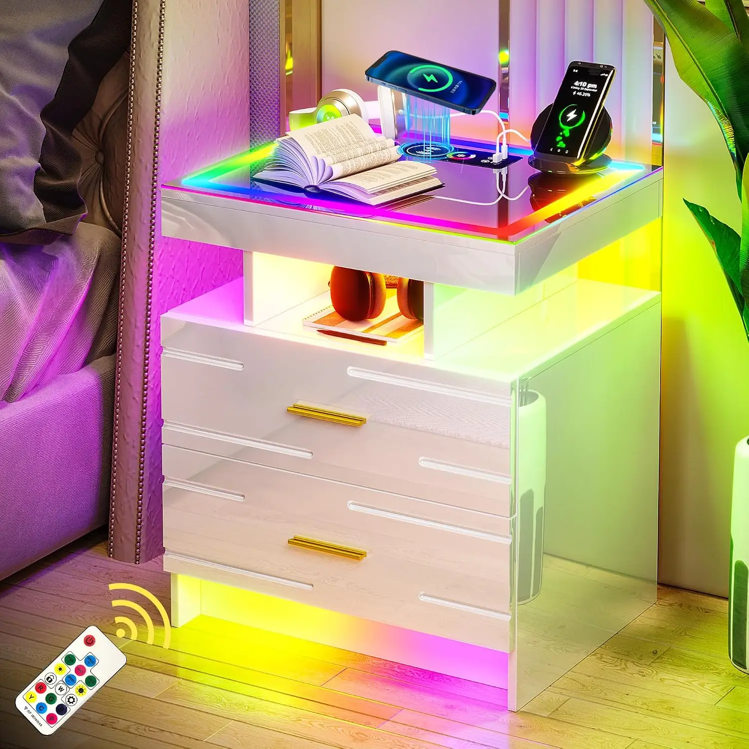 Smart Nightstand with RGB Lights & USB Charging Station for Bedroom Furniture White, Customized