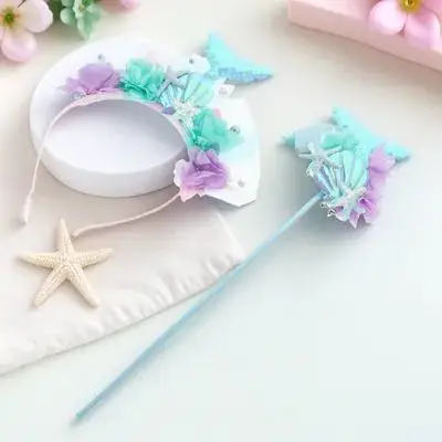 1세트 인어 소품 요정 지팡이와 반짝이는 꼬리 머리띠 생일 파티 코스프레 인어 테마 장식