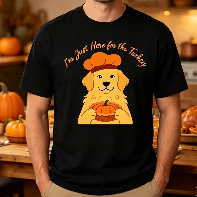 “I’m Just Here for the Turkey” Golden Retriever Pumpkin Pie T-Shirt Men’s Soft Modal Crewneck Tee Casual Top