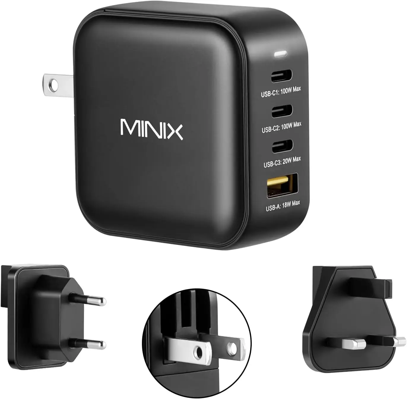 

Зарядное устройство GaN мощностью 100 Вт с 4 портами: 3 USB-C для быстрой зарядки, 1 USB-A. Совместим с MacBook, iPad, iPhone, Galaxy S23.