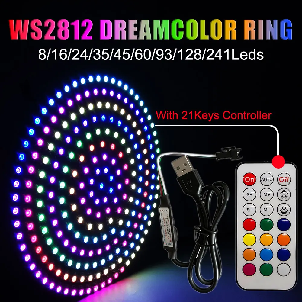 DIY LED 링 USB RF 리모컨, 개별 주소 지정 가능, WS2812, 5050 RGB, 원형 모듈 8 ~ 241LED, DC5V, WS2812B, 21 키