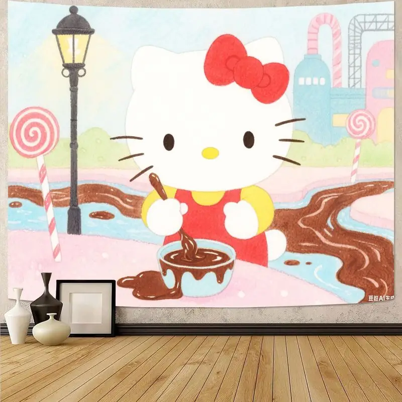 

1PC Cute Hello Kitty Ice Cream Dessert Tapestry Kawaii Wall Art for Bedroom Living Room Decor Gift for Fans