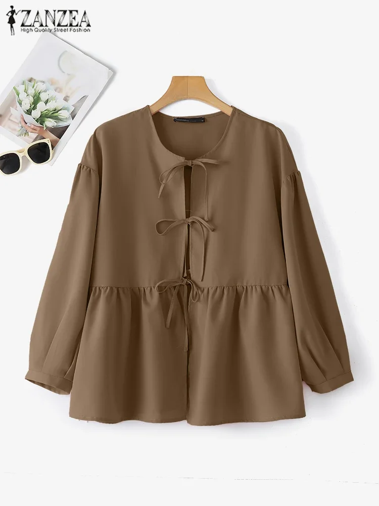 

ZANZEA Summer Women Solid Color Blouse Fashion Lace-Up Shirts 2025 Long Lantern Sleeve Pleats Tops Holiday Korean Blusas Tunics