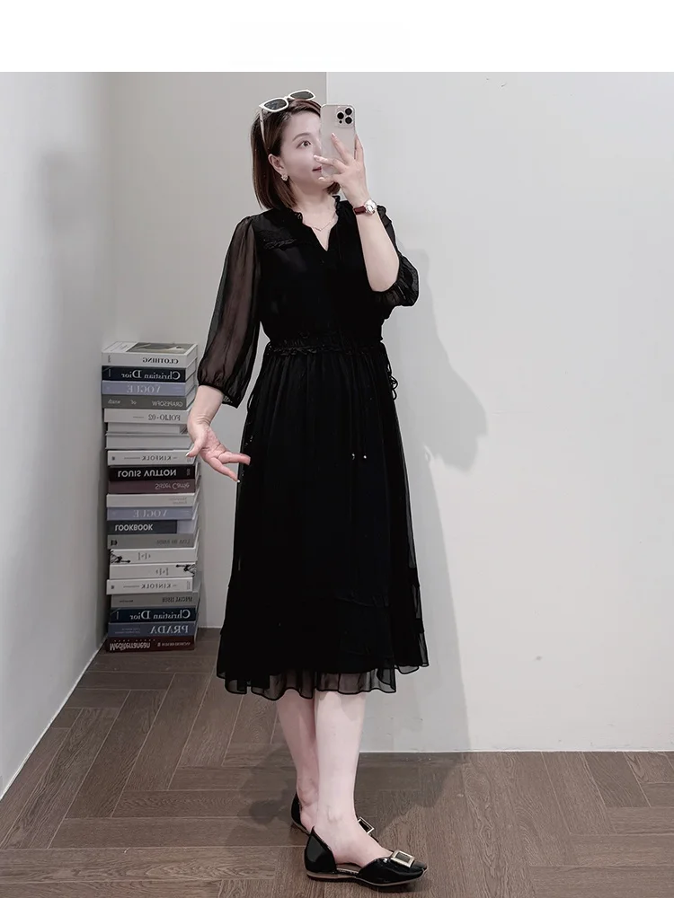 

Ele Ultra-Fairy 00% Silk Dr Lightweight Dra Super Comfortable High-End Slimming Midi-Length Dr