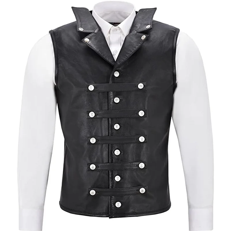 Men's Fashion Punk Style Leather Vests Motorcycle Biker Faux Leather Waistcoat For Male Solid Color Rider Sleeveless Jacket