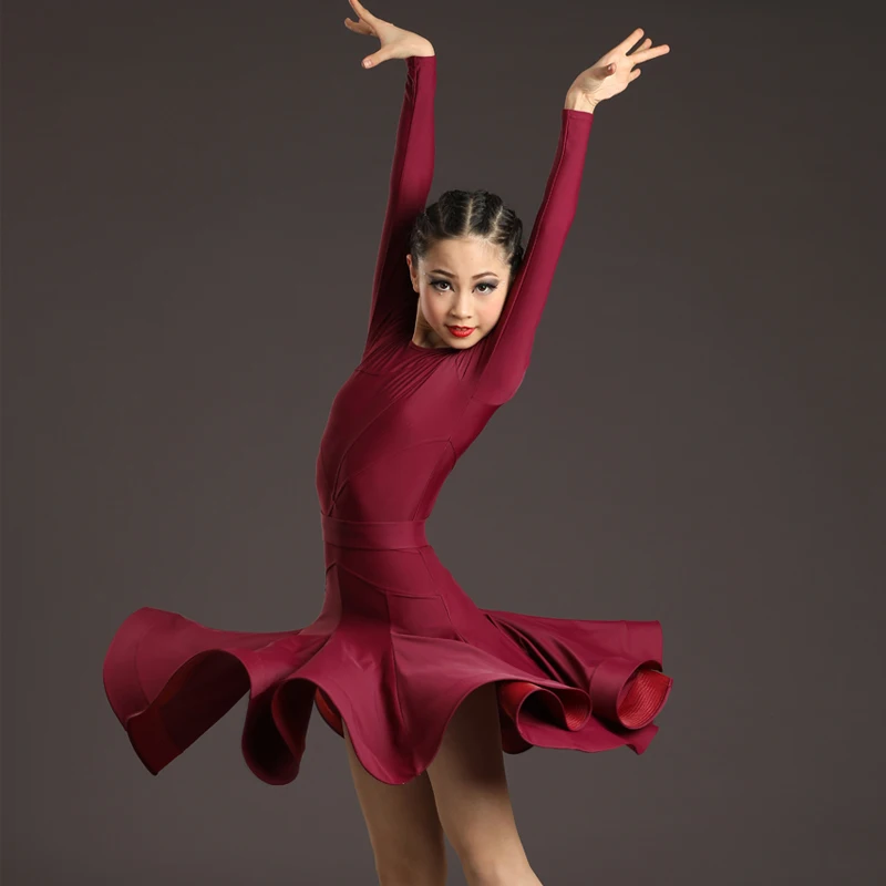 4 Colors Ballroom Dance Dress Competition Practice Clothes New Girls Long Sleeved Latin Dance Dress Kids Salsa Dress SL7200