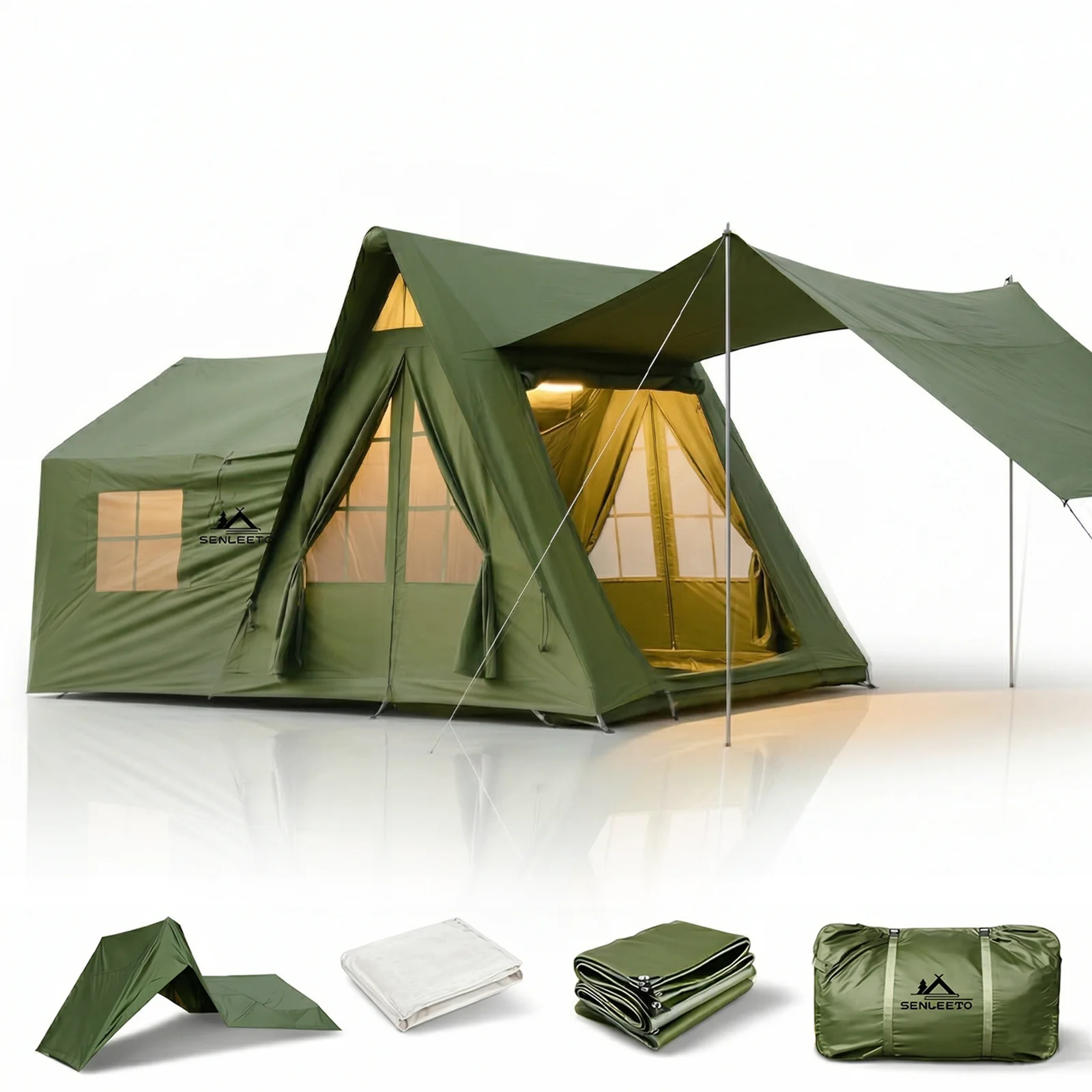 SENLEETO Glamping Inflatable Tent for Camping with Sunshade,Large Waterproof Blow up Tent with Rainfly/Canopy,4 Season Air Tent