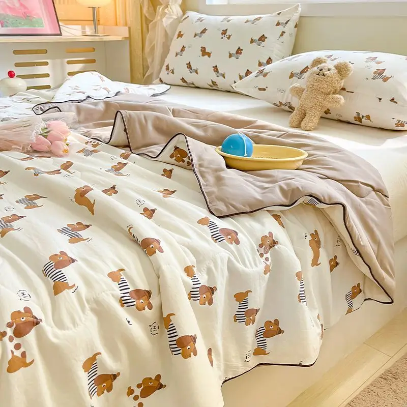 Dog Patterned Summer Quilt, Water Washed Double-layer Gauze Air-conditioned Quilt, Can Be Machine Washed for Home Use