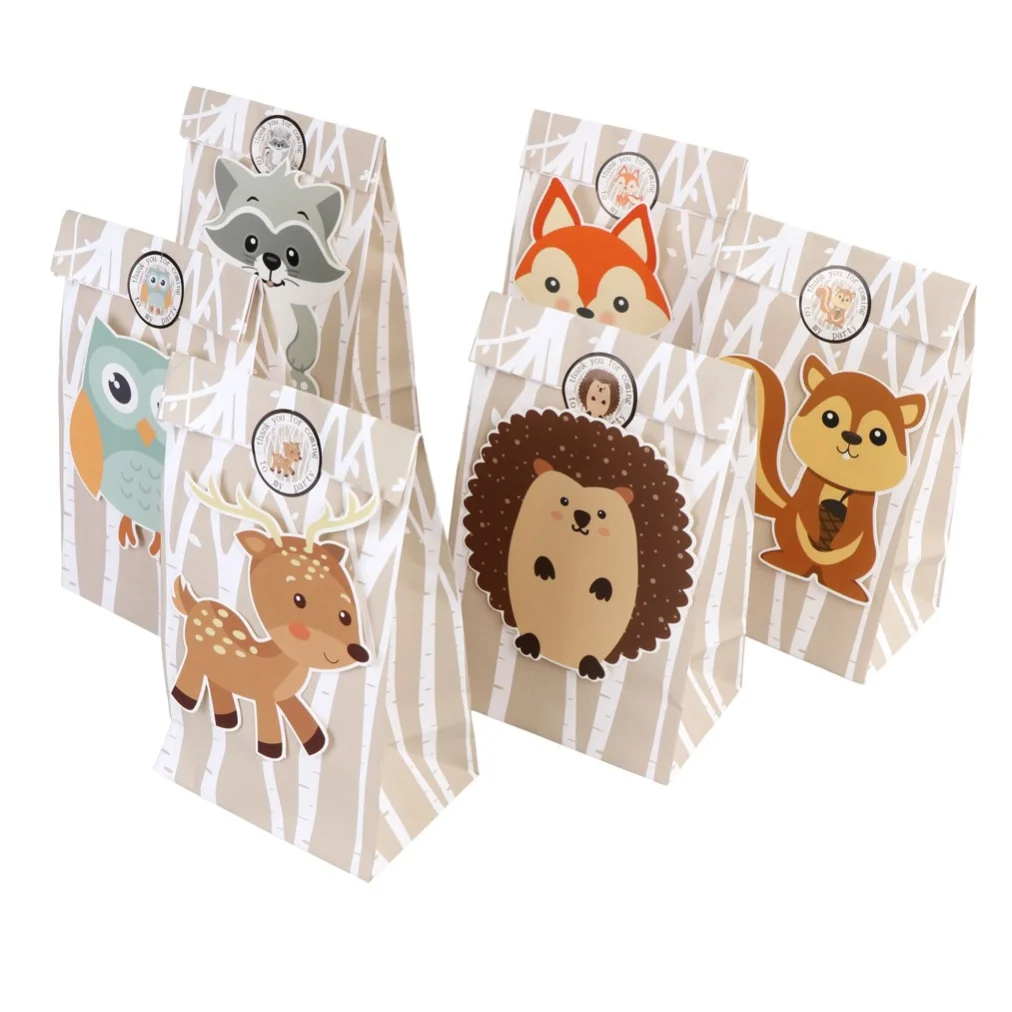 12PCS Jungle Theme Party Birthday Party Decorations Kids Safari Paper Gift Bags Candy Bags Box Baby Shower Packing Bag