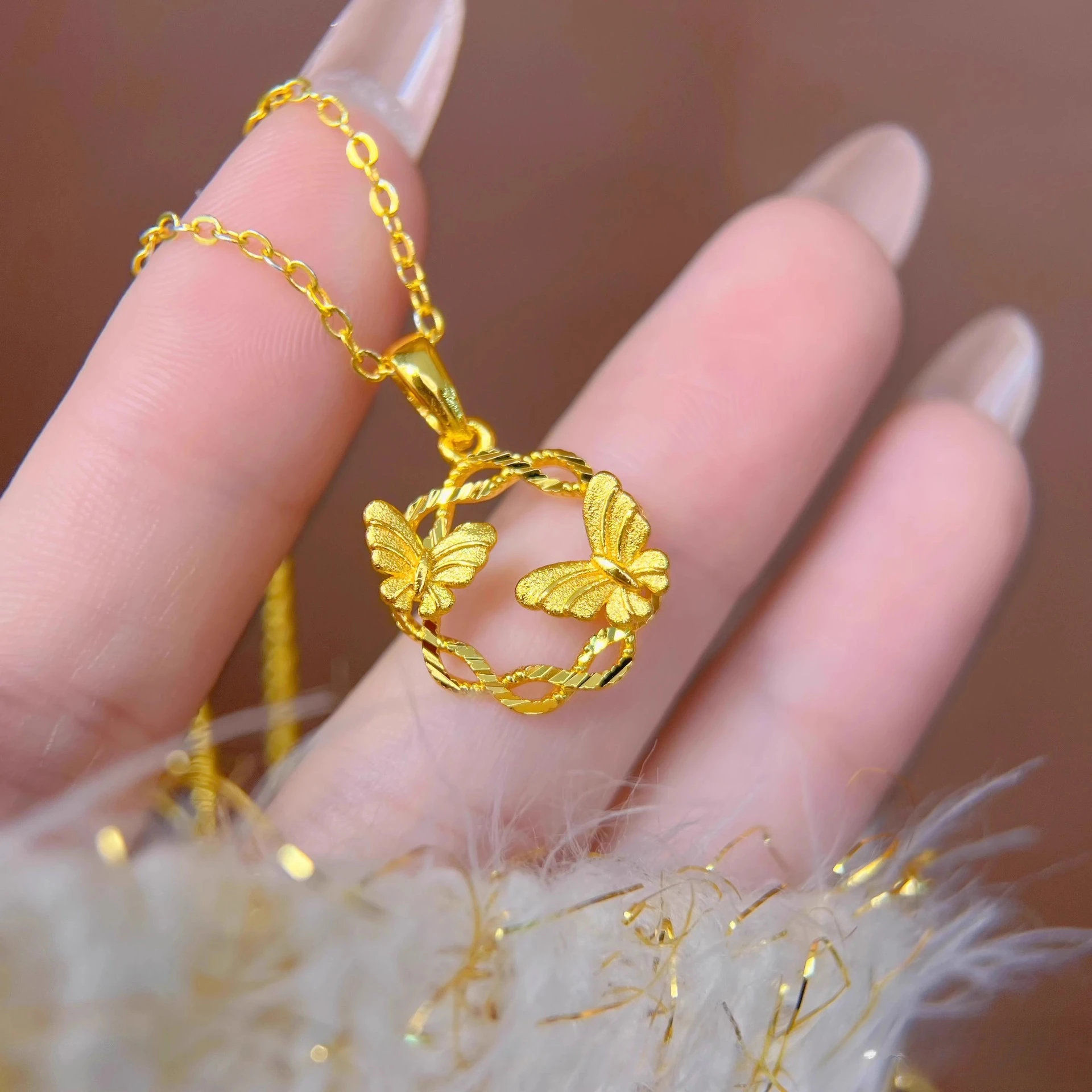Pure 18 K Gold Color Floral Double Butterfly Pendant Necklace for Women Wedding Birthday Valentine's Day Chain Jewelry Gifts